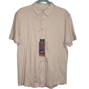 Sunday Joe Shirt Cotton Button Front Short Sleeve Khaki Diamond Pattern Small